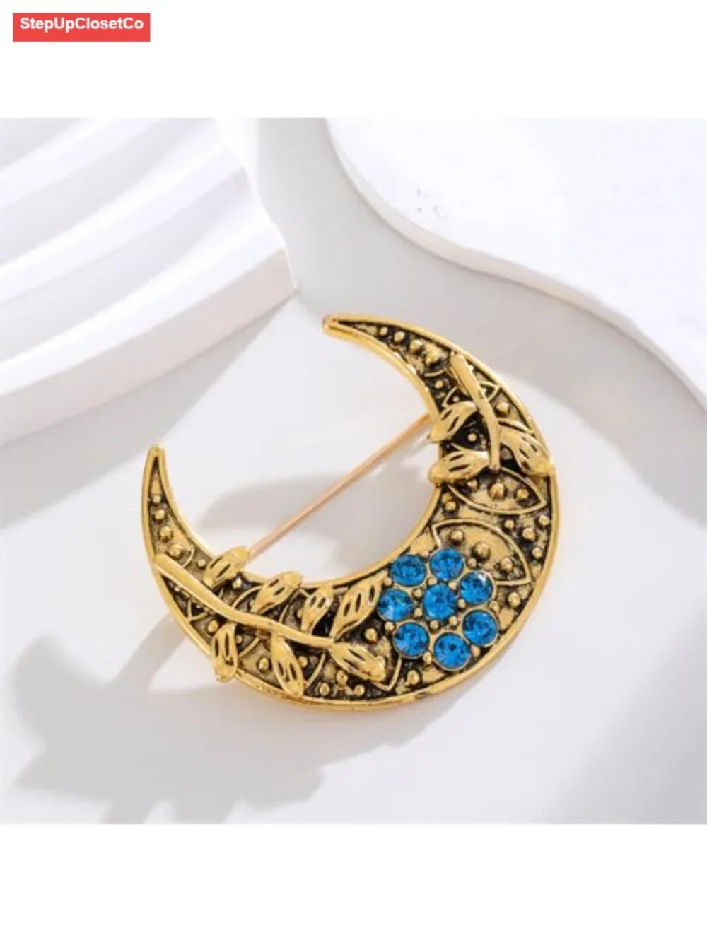 Vintage Moon Brooch Pin Blue Rhinestone Leaf Lapel Pin Clothing Shirt Suit Coat